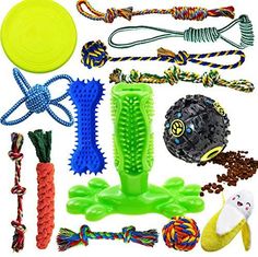 an assortment of toys and accessories for dogs to play with