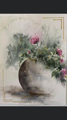 a watercolor painting of flowers in a vase