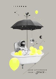 an image of a person in a bathtub with balloons floating from the ceiling and an umbrella above them