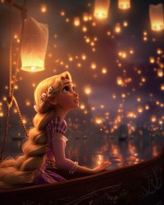 rappi from tangled in love sitting on a boat with lanterns floating above