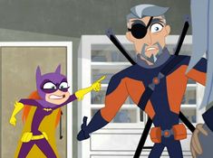 two cartoon characters standing next to each other in front of an open door, one wearing a purple and orange costume