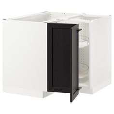 a white cabinet with black doors and drawers