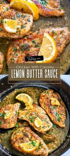 chicken with lemon butter sauce in a skillet