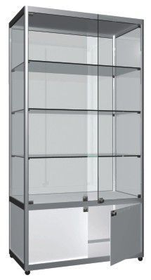 an empty glass display case on wheels