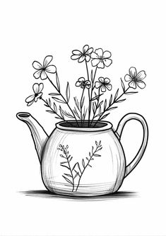 a drawing of a teapot with flowers in it