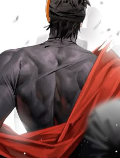 a man with his back to the camera, wearing a red cape and looking at something