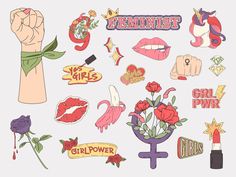 various stickers and decals on a white background with the words feminist, girls power, girl power