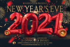 new year's eve flyer with balloons and streamers