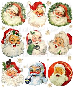 vintage santa clauss with christmas wreaths and bells on their heads, all in different poses