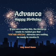 an animated birthday card with fireworks in the sky and words that say, advance happy birthday