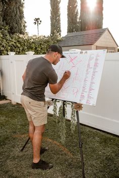 a man standing in front of a white board with writing on it while holding a marker