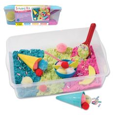 a plastic container filled with ice cream and toppings