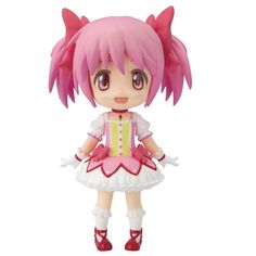 a doll with pink hair wearing a white dress and red shoes is standing on a white surface