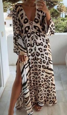 Casual Brown Maxi Dress Beach Cover-up, Casual Brown Maxi Dress For Beach Cover-up, Casual Brown Maxi Dress For Beach, Brown Printed Maxi Dress For Summer, Leopard Print Vacation Dresses, Casual Beach Maxi Dress With Split Design, Brown Maxi Dress For Beach Cover-up, Long Brown Maxi Dress For The Beach, Brown Long Maxi Dress For Beach