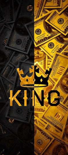 the king is surrounded by money in gold and black colors, as well as an image of