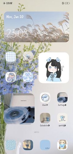 an iphone screen with various stickers on it and flowers in the vase next to it