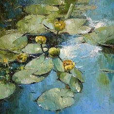 an oil painting of water lilies and leaves