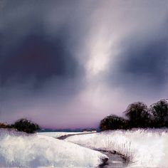 a painting of snow covered ground with trees in the distance under a cloudy blue sky