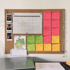 a bulletin board with sticky notes attached to it