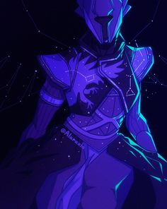 an animated image of a man in purple and blue armor with stars on the background