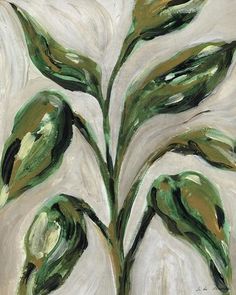 a painting of green leaves on a white background