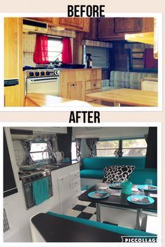 before and after photos of a camper kitchen, dining room and living room area