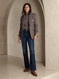 The Rigid Bootcut Jean | Banana Republic Women’s Cute Business Casual Winter, Business Mom Outfits, Bohemian Classic Style, Loafers With Bootcut Jeans, Wide Leg Jeans Business Casual, Business Casual Jean Outfits For Women, Winter Work Casual Outfits For Women, Jeans Casual Outfit Work, Blue Bootcut Jeans Outfit