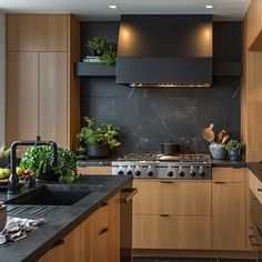 a kitchen with wooden cabinets and black counter tops, along with potted plants on the wall