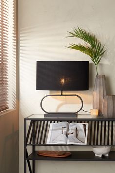 a black lamp sitting on top of a table next to a vase with a plant