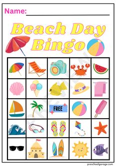 a printable beach day bingo game