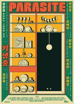 a poster with an open cabinet full of dishes and plates on it's shelves