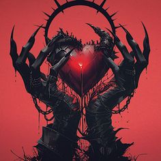 an illustration of a demon holding a heart with spikes on it's arms and hands