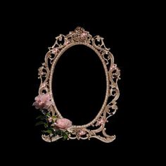 an ornate mirror with pink flowers in the center on a black background, is shown