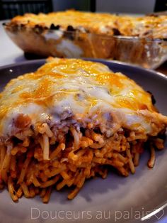 a close up of a plate of food with lasagna and cheese on it