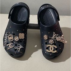 These Designercrocs Are Ti Die For! They Are Head Turners ! Everyone Will Desire These Beauties! Black Custom Crocs, Bling Black Crocs, Rhinestone Black Crocs, Black Fluffy Crocs, Black Fur Crocs, Black Crocs, Women's Crocs, Crocs Shoes, Will Turner