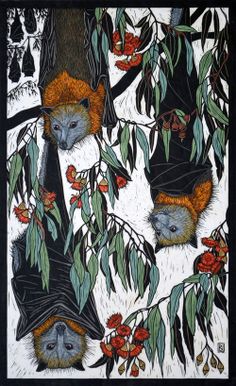 three bats hanging from a tree with leaves and flowers on it's back ground