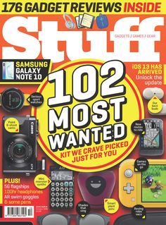 the front cover of stuff magazine with various items on it and an advertisement for stuff