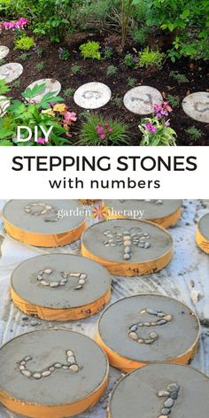 several stepping stones with numbers written on them in front of some flowers and trees,