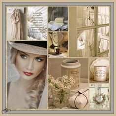 a collage of photos with white flowers and items in them, including a woman's hat