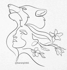 a line drawing of a woman's face with flowers in her hair and the words,