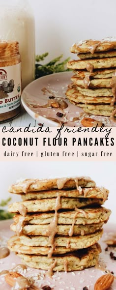 a stack of pancakes with peanut butter on top and the words canada friendly coconut flour pancakes