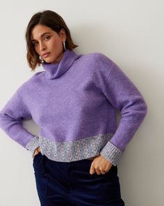 Knitted lilac jumper with a speckled, multicoloured trim and high roll neck. Lilac Jumper, Black Pleated Midi Skirt, Chunky Yarn, Pleated Midi Skirt, Roll Neck, Heeled Ankle Boots, Knitwear Women