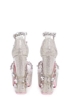 Sugar Thrillz Rhinestone Gemstone Bling Platform Heels - Silver Rhinestone Platform Sandals, Talon Versace, Holy Revelation Platform Heels, Pink Platform Heels, Diamond Heels, Heels Aesthetic, Heels Silver, Cute Shoes Heels, Pink Platforms