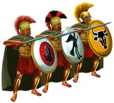 three roman soldiers with shields and spears