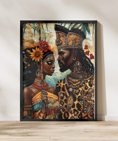 a painting on the wall of a room with an african woman and man in traditional clothing