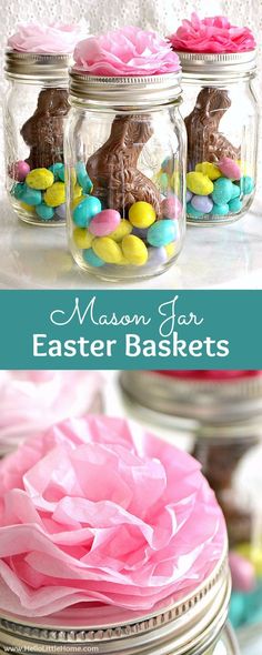 mason jar easter baskets with pink and yellow flowers in them, sitting on a table