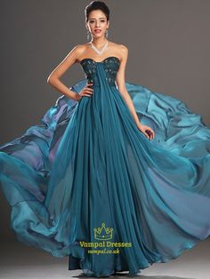 Blue Sweetheart Beaded Pleated Floor Length Chiffon Prom Dress | Vampal Dresses Marchesa Dress, Prom Dress 2013, Prom Dress With Train, Turquoise Lace, Red Chiffon, A Line Prom Dresses, White Chiffon, Chiffon Prom Dress, Lace Bodice