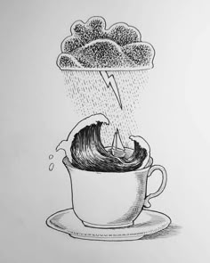 ink drawing Simple Ink Art, Surrealism Drawing Ideas Easy, Drawing Of A Cup Of Tea, Tea Cup Art Drawing, Old Book Art Drawing, Surreal Art Drawing, Surreal Art Drawing Easy, Surreal Drawing, Surreal Drawing Ideas