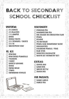 the back to secondary school checklist is shown in black and white with an image of a laptop