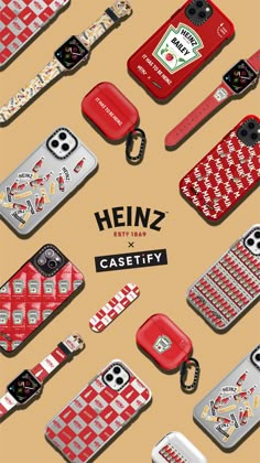 many different cell phones are arranged together on a beige background with the words heinz written above them